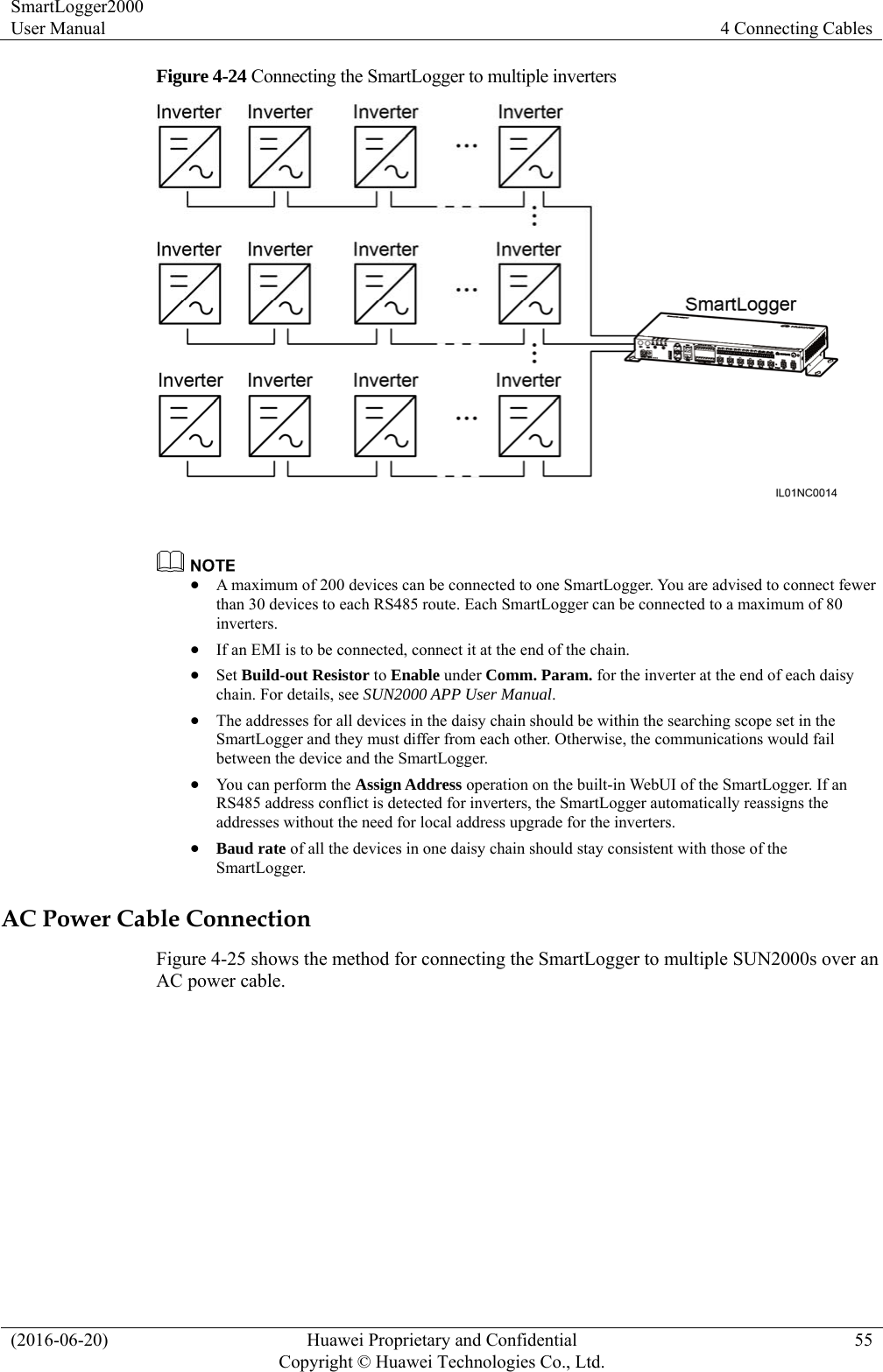 SmartLogger2000 User Manual  4 Connecting Cables (2016-06-20)  Huawei Proprietary and Confidential         Copyright © Huawei Technologies Co., Ltd.55 Figure 4-24 Connecting the SmartLogger to multiple inverters     A maximum of 200 devices can be connected to one SmartLogger. You are advised to connect fewer than 30 devices to each RS485 route. Each SmartLogger can be connected to a maximum of 80 inverters.   If an EMI is to be connected, connect it at the end of the chain.    Set Build-out Resistor to Enable under Comm. Param. for the inverter at the end of each daisy chain. For details, see SUN2000 APP User Manual.  The addresses for all devices in the daisy chain should be within the searching scope set in the SmartLogger and they must differ from each other. Otherwise, the communications would fail between the device and the SmartLogger.  You can perform the Assign Address operation on the built-in WebUI of the SmartLogger. If an RS485 address conflict is detected for inverters, the SmartLogger automatically reassigns the addresses without the need for local address upgrade for the inverters.  Baud rate of all the devices in one daisy chain should stay consistent with those of the SmartLogger. AC Power Cable Connection Figure 4-25 shows the method for connecting the SmartLogger to multiple SUN2000s over an AC power cable.   