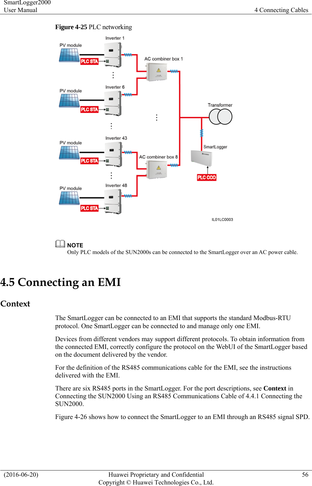 SmartLogger2000 User Manual  4 Connecting Cables (2016-06-20)  Huawei Proprietary and Confidential         Copyright © Huawei Technologies Co., Ltd.56 Figure 4-25 PLC networking    Only PLC models of the SUN2000s can be connected to the SmartLogger over an AC power cable. 4.5 Connecting an EMI Context The SmartLogger can be connected to an EMI that supports the standard Modbus-RTU protocol. One SmartLogger can be connected to and manage only one EMI.   Devices from different vendors may support different protocols. To obtain information from the connected EMI, correctly configure the protocol on the WebUI of the SmartLogger based on the document delivered by the vendor.   For the definition of the RS485 communications cable for the EMI, see the instructions delivered with the EMI. There are six RS485 ports in the SmartLogger. For the port descriptions, see Context in Connecting the SUN2000 Using an RS485 Communications Cable of 4.4.1 Connecting the SUN2000. Figure 4-26 shows how to connect the SmartLogger to an EMI through an RS485 signal SPD. 