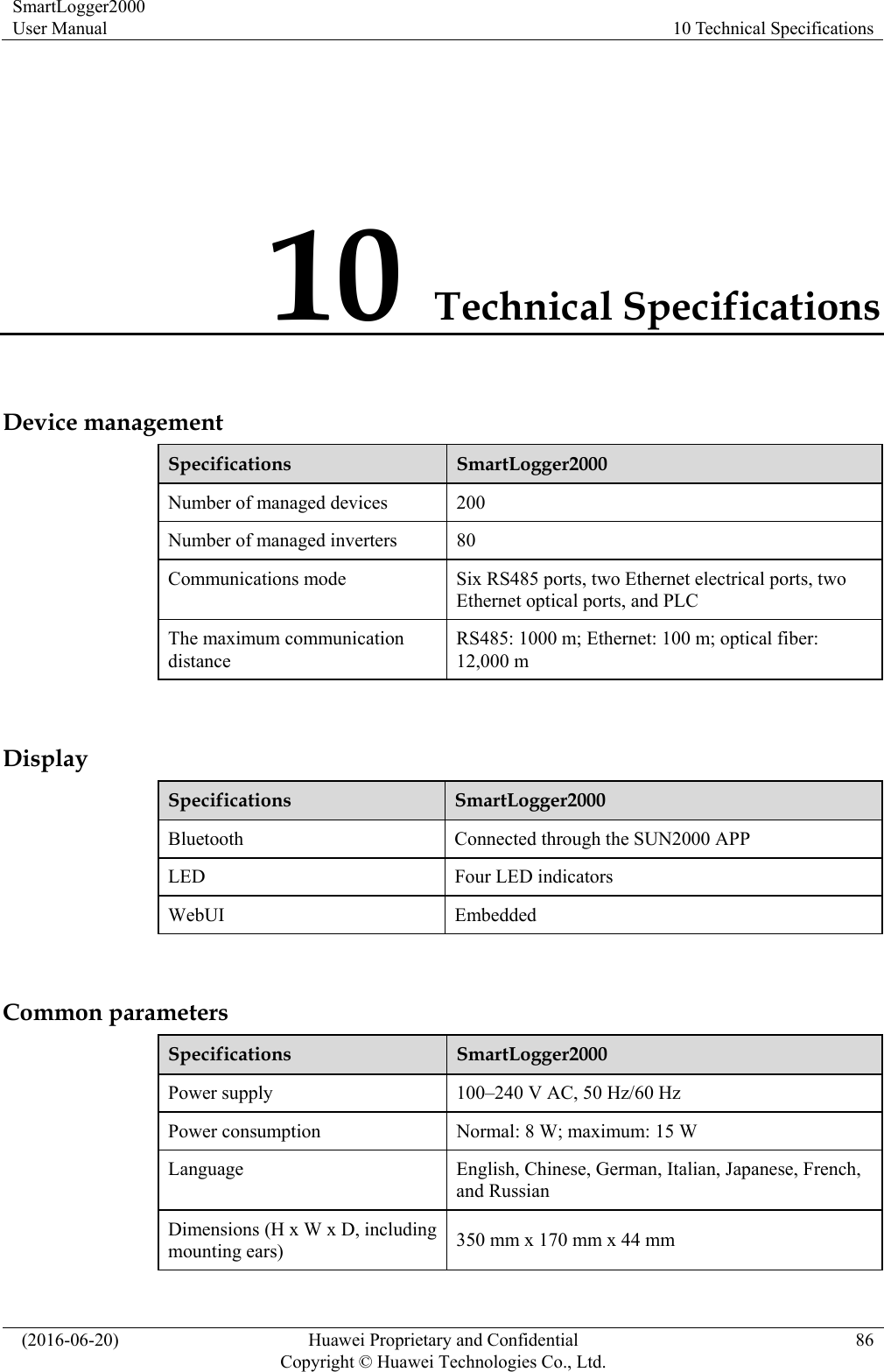 SmartLogger2000 User Manual  10 Technical Specifications   (2016-06-20)  Huawei Proprietary and Confidential         Copyright © Huawei Technologies Co., Ltd.86 10 Technical Specifications Device management Specifications  SmartLogger2000 Number of managed devices  200 Number of managed inverters  80 Communications mode  Six RS485 ports, two Ethernet electrical ports, two Ethernet optical ports, and PLC The maximum communication distance RS485: 1000 m; Ethernet: 100 m; optical fiber: 12,000 m  Display Specifications  SmartLogger2000 Bluetooth  Connected through the SUN2000 APP LED  Four LED indicators WebUI Embedded  Common parameters Specifications  SmartLogger2000 Power supply  100–240 V AC, 50 Hz/60 Hz Power consumption  Normal: 8 W; maximum: 15 W   Language  English, Chinese, German, Italian, Japanese, French, and Russian Dimensions (H x W x D, including mounting ears)  350 mm x 170 mm x 44 mm 