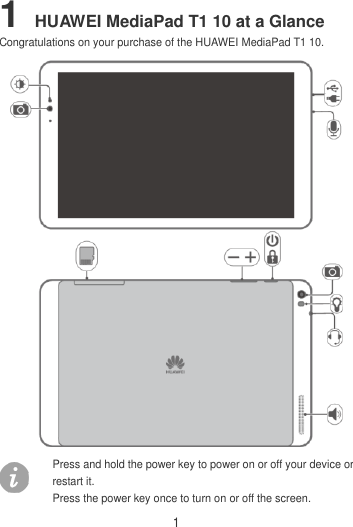 1 1 HUAWEI MediaPad T1 10 at a Glance Congratulations on your purchase of the HUAWEI MediaPad T1 10.  Press and hold the power key to power on or off your device or restart it. Press the power key once to turn on or off the screen.  