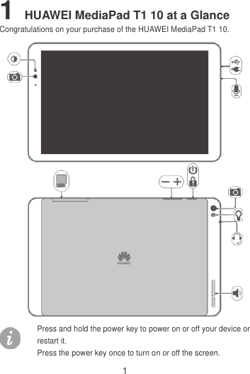 1 1 HUAWEI MediaPad T1 10 at a Glance Congratulations on your purchase of the HUAWEI MediaPad T1 10.  Press and hold the power key to power on or off your device or restart it. Press the power key once to turn on or off the screen.  