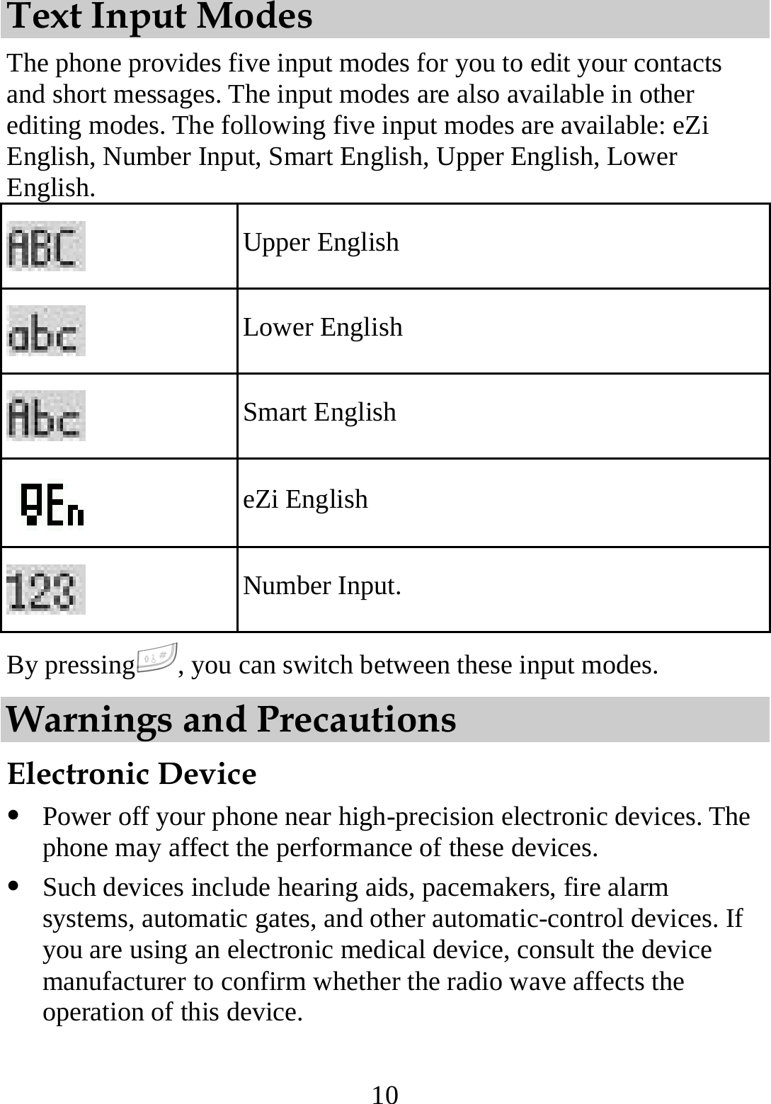  10 Text Input Modes The phone provides five input modes for you to edit your contacts and short messages. The input modes are also available in other editing modes. The following five input modes are available: eZi English, Number Input, Smart English, Upper English, Lower English.  Upper English  Lower English  Smart English  eZi English  Number Input. By pressing , you can switch between these input modes. Warnings and Precautions Electronic Device   Power off your phone near high-precision electronic devices. The phone may affect the performance of these devices.   Such devices include hearing aids, pacemakers, fire alarm systems, automatic gates, and other automatic-control devices. If you are using an electronic medical device, consult the device manufacturer to confirm whether the radio wave affects the operation of this device. 