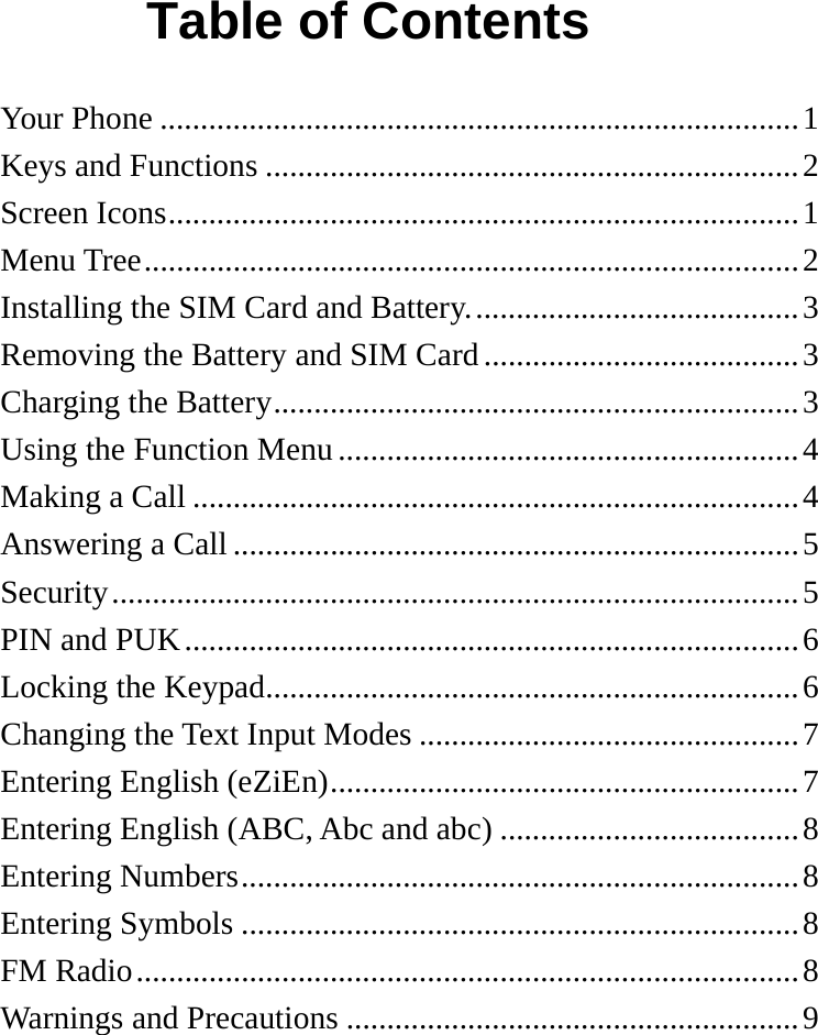 Table of Contents Your Phone ...............................................................................1 Keys and Functions ..................................................................2 Screen Icons..............................................................................1 Menu Tree.................................................................................2 Installing the SIM Card and Battery.........................................3 Removing the Battery and SIM Card.......................................3 Charging the Battery.................................................................3 Using the Function Menu .........................................................4 Making a Call ...........................................................................4 Answering a Call ......................................................................5 Security.....................................................................................5 PIN and PUK............................................................................6 Locking the Keypad..................................................................6 Changing the Text Input Modes ...............................................7 Entering English (eZiEn)..........................................................7 Entering English (ABC, Abc and abc) .....................................8 Entering Numbers.....................................................................8 Entering Symbols .....................................................................8 FM Radio..................................................................................8 Warnings and Precautions ........................................................9 