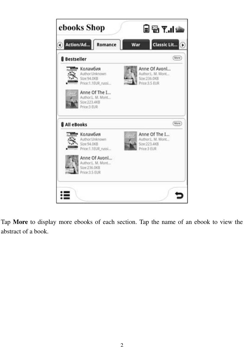  2    Tap More to display more ebooks of each section. Tap the name of an ebook to view the abstract of a book.   