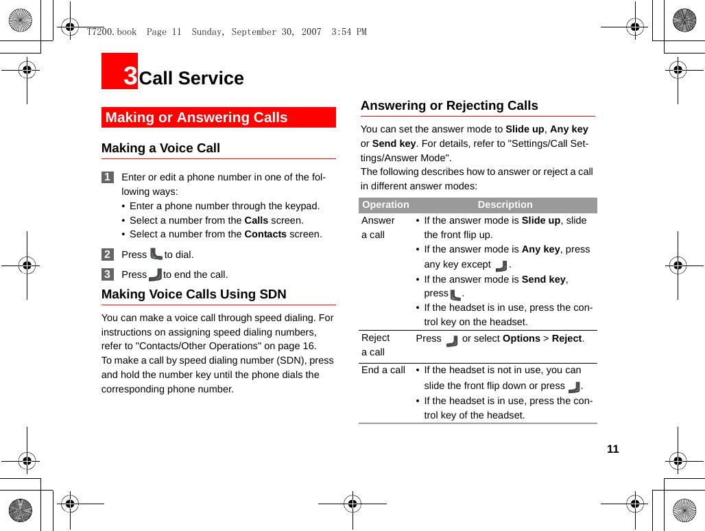 113Call Service Making or Answering CallsMaking a Voice Call 1Enter or edit a phone number in one of the fol-lowing ways:• Enter a phone number through the keypad.• Select a number from the Calls screen.• Select a number from the Contacts screen. 2Press to dial. 3Press to end the call.Making Voice Calls Using SDNYou can make a voice call through speed dialing. For instructions on assigning speed dialing numbers, refer to &quot;Contacts/Other Operations&quot; on page 16.To make a call by speed dialing number (SDN), press and hold the number key until the phone dials the corresponding phone number.Answering or Rejecting CallsYou can set the answer mode to Slide up, Any key or Send key. For details, refer to &quot;Settings/Call Set-tings/Answer Mode&quot;.The following describes how to answer or reject a call in different answer modes:Operation DescriptionAnswera call• If the answer mode is Slide up, slide the front flip up.• If the answer mode is Any key, press any key except  .• If the answer mode is Send key, press .• If the headset is in use, press the con-trol key on the headset.Rejecta callPress   or select Options &gt; Reject.End a call • If the headset is not in use, you can slide the front flip down or press  .• If the headset is in use, press the con-trol key of the headset.T7200.book  Page 11  Sunday, September 30, 2007  3:54 PM