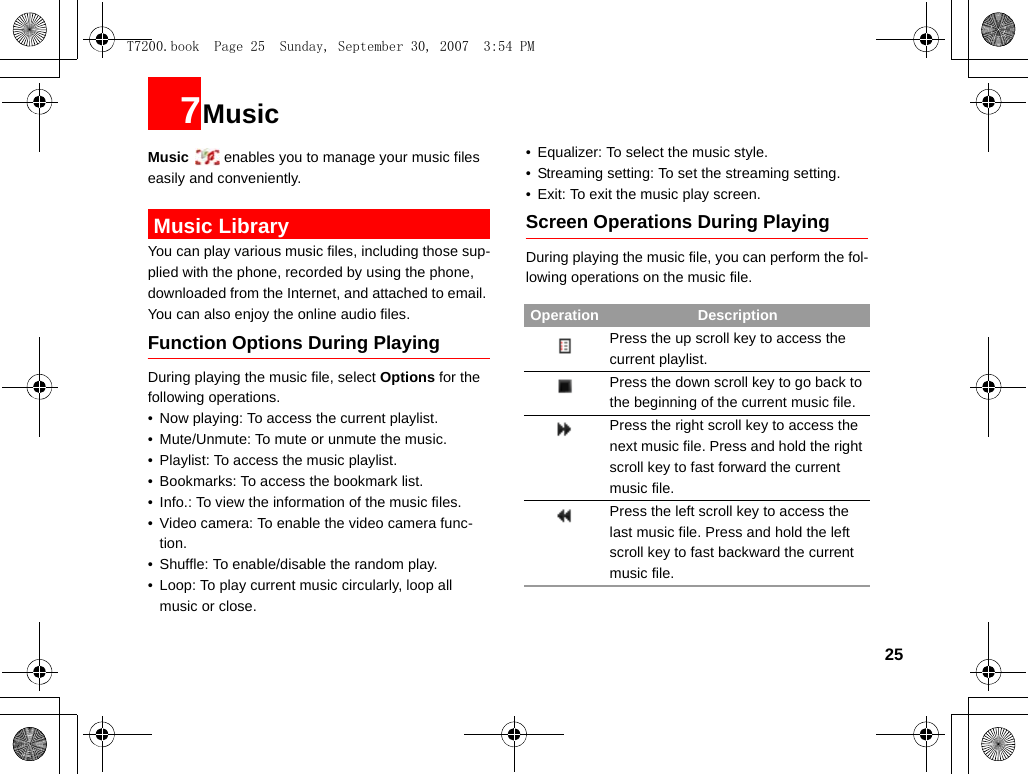 257MusicMusic   enables you to manage your music files easily and conveniently.   Music LibraryYou can play various music files, including those sup-plied with the phone, recorded by using the phone, downloaded from the Internet, and attached to email. You can also enjoy the online audio files.Function Options During PlayingDuring playing the music file, select Options for the following operations.• Now playing: To access the current playlist.• Mute/Unmute: To mute or unmute the music.• Playlist: To access the music playlist.• Bookmarks: To access the bookmark list.• Info.: To view the information of the music files.• Video camera: To enable the video camera func-tion.• Shuffle: To enable/disable the random play.• Loop: To play current music circularly, loop all music or close.• Equalizer: To select the music style.• Streaming setting: To set the streaming setting.• Exit: To exit the music play screen.Screen Operations During PlayingDuring playing the music file, you can perform the fol-lowing operations on the music file.Operation DescriptionPress the up scroll key to access the current playlist.Press the down scroll key to go back to the beginning of the current music file.Press the right scroll key to access the next music file. Press and hold the right scroll key to fast forward the current music file.Press the left scroll key to access the last music file. Press and hold the left scroll key to fast backward the current music file.T7200.book  Page 25  Sunday, September 30, 2007  3:54 PM