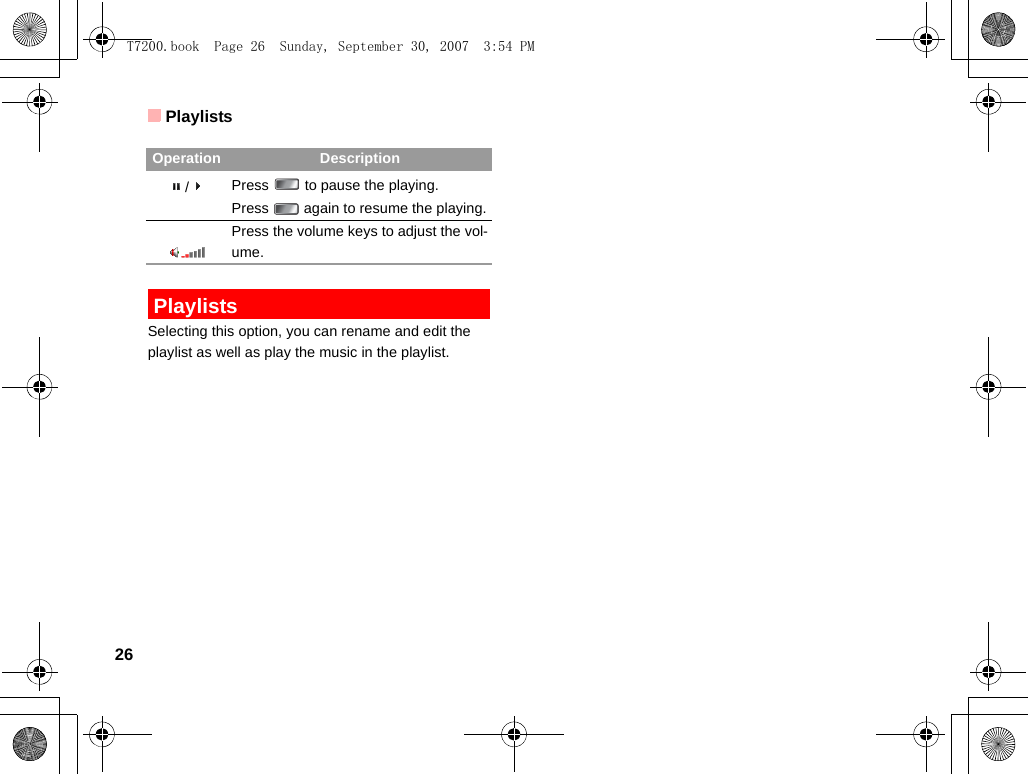 Playlists26 PlaylistsSelecting this option, you can rename and edit the playlist as well as play the music in the playlist./Press   to pause the playing. Press   again to resume the playing.      Press the volume keys to adjust the vol-ume.Operation DescriptionT7200.book  Page 26  Sunday, September 30, 2007  3:54 PM