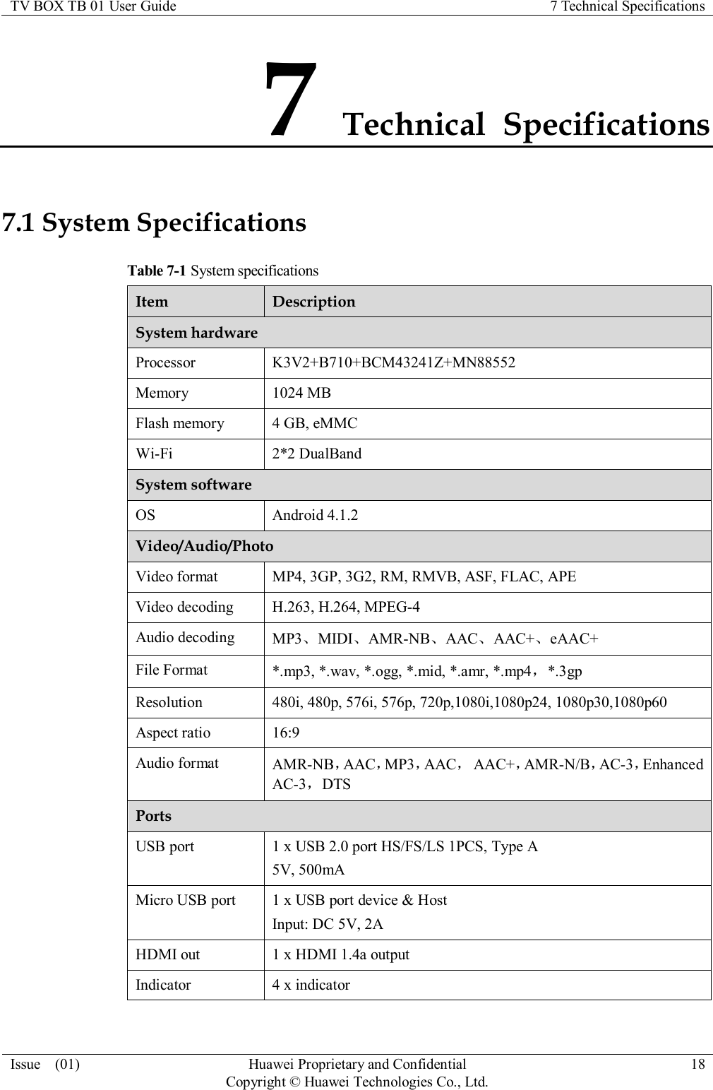 TV BOX TB 01 User Guide 7 Technical Specifications  Issue    (01) Huawei Proprietary and Confidential                                     Copyright © Huawei Technologies Co., Ltd. 18  7 Technical  Specifications 7.1 System Specifications Table 7-1 System specifications Item Description System hardware Processor K3V2+B710+BCM43241Z+MN88552 Memory 1024 MB Flash memory 4 GB, eMMC Wi-Fi 2*2 DualBand System software OS Android 4.1.2 Video/Audio/Photo Video format MP4, 3GP, 3G2, RM, RMVB, ASF, FLAC, APE Video decoding H.263, H.264, MPEG-4 Audio decoding MP3、MIDI、AMR-NB、AAC、AAC+、eAAC+ File Format *.mp3, *.wav, *.ogg, *.mid, *.amr, *.mp4，*.3gp Resolution 480i, 480p, 576i, 576p, 720p,1080i,1080p24, 1080p30,1080p60 Aspect ratio 16:9 Audio format AMR-NB，AAC，MP3，AAC，  AAC+，AMR-N/B，AC-3，Enhanced AC-3，DTS Ports USB port 1 x USB 2.0 port HS/FS/LS 1PCS, Type A 5V, 500mA Micro USB port 1 x USB port device &amp; Host Input: DC 5V, 2A HDMI out 1 x HDMI 1.4a output Indicator 4 x indicator 
