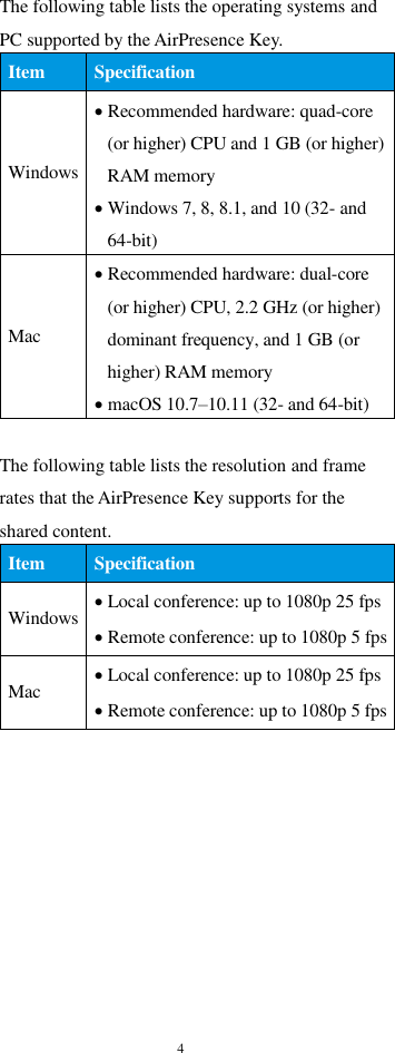 4   The following table lists the operating systems and PC supported by the AirPresence Key. Item Specification Windows  Recommended hardware: quad-core (or higher) CPU and 1 GB (or higher) RAM memory  Windows 7, 8, 8.1, and 10 (32- and 64-bit) Mac  Recommended hardware: dual-core (or higher) CPU, 2.2 GHz (or higher) dominant frequency, and 1 GB (or higher) RAM memory  macOS 10.7–10.11 (32- and 64-bit)  The following table lists the resolution and frame rates that the AirPresence Key supports for the shared content. Item Specification Windows  Local conference: up to 1080p 25 fps  Remote conference: up to 1080p 5 fps Mac  Local conference: up to 1080p 25 fps  Remote conference: up to 1080p 5 fps  