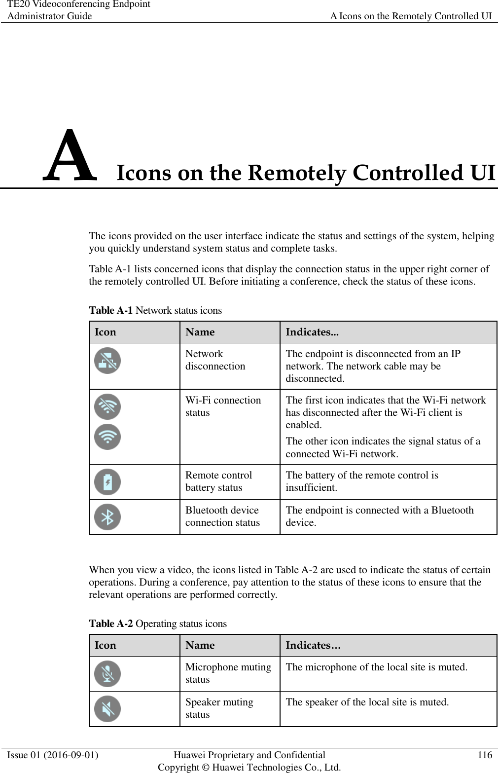TE20 Videoconferencing Endpoint Administrator Guide A Icons on the Remotely Controlled UI  Issue 01 (2016-09-01) Huawei Proprietary and Confidential                                     Copyright © Huawei Technologies Co., Ltd. 116  A Icons on the Remotely Controlled UI The icons provided on the user interface indicate the status and settings of the system, helping you quickly understand system status and complete tasks. Table A-1 lists concerned icons that display the connection status in the upper right corner of the remotely controlled UI. Before initiating a conference, check the status of these icons. Table A-1 Network status icons Icon Name Indicates...  Network disconnection The endpoint is disconnected from an IP network. The network cable may be disconnected.   Wi-Fi connection status The first icon indicates that the Wi-Fi network has disconnected after the Wi-Fi client is enabled. The other icon indicates the signal status of a connected Wi-Fi network.  Remote control battery status The battery of the remote control is insufficient.  Bluetooth device connection status The endpoint is connected with a Bluetooth device.  When you view a video, the icons listed in Table A-2 are used to indicate the status of certain operations. During a conference, pay attention to the status of these icons to ensure that the relevant operations are performed correctly. Table A-2 Operating status icons Icon Name Indicates…  Microphone muting status The microphone of the local site is muted.  Speaker muting status The speaker of the local site is muted. 