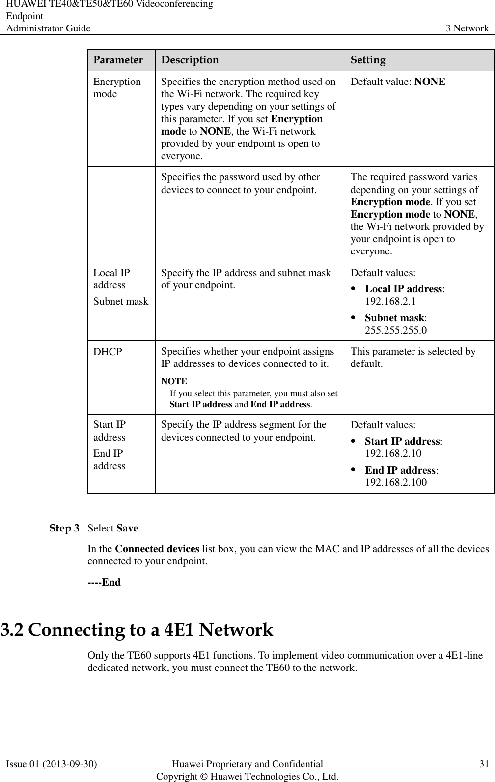 HUAWEI TE40&amp;TE50&amp;TE60 Videoconferencing Endpoint Administrator Guide 3 Network  Issue 01 (2013-09-30) Huawei Proprietary and Confidential                                     Copyright © Huawei Technologies Co., Ltd. 31  Parameter Description Setting Encryption mode Specifies the encryption method used on the Wi-Fi network. The required key types vary depending on your settings of this parameter. If you set Encryption mode to NONE, the Wi-Fi network provided by your endpoint is open to everyone. Default value: NONE  Specifies the password used by other devices to connect to your endpoint. The required password varies depending on your settings of Encryption mode. If you set Encryption mode to NONE, the Wi-Fi network provided by your endpoint is open to everyone. Local IP address Subnet mask Specify the IP address and subnet mask of your endpoint. Default values:  Local IP address: 192.168.2.1  Subnet mask: 255.255.255.0 DHCP Specifies whether your endpoint assigns IP addresses to devices connected to it.   NOTE If you select this parameter, you must also set Start IP address and End IP address. This parameter is selected by default. Start IP address End IP address Specify the IP address segment for the devices connected to your endpoint. Default values:    Start IP address: 192.168.2.10  End IP address: 192.168.2.100  Step 3 Select Save. In the Connected devices list box, you can view the MAC and IP addresses of all the devices connected to your endpoint. ----End 3.2 Connecting to a 4E1 Network Only the TE60 supports 4E1 functions. To implement video communication over a 4E1-line dedicated network, you must connect the TE60 to the network.  