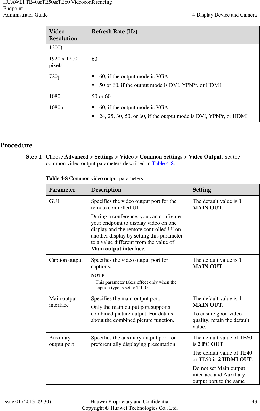 HUAWEI TE40&amp;TE50&amp;TE60 Videoconferencing Endpoint Administrator Guide 4 Display Device and Camera  Issue 01 (2013-09-30) Huawei Proprietary and Confidential                                     Copyright © Huawei Technologies Co., Ltd. 43  Video Resolution Refresh Rate (Hz) 1200) 1920 x 1200 pixels 60 720p  60, if the output mode is VGA  50 or 60, if the output mode is DVI, YPbPr, or HDMI 1080i 50 or 60 1080p  60, if the output mode is VGA  24, 25, 30, 50, or 60, if the output mode is DVI, YPbPr, or HDMI  Procedure Step 1 Choose Advanced &gt; Settings &gt; Video &gt; Common Settings &gt; Video Output. Set the common video output parameters described in Table 4-8. Table 4-8 Common video output parameters Parameter Description Setting GUI Specifies the video output port for the remote controlled UI. During a conference, you can configure your endpoint to display video on one display and the remote controlled UI on another display by setting this parameter to a value different from the value of Main output interface. The default value is 1 MAIN OUT. Caption output Specifies the video output port for captions. NOTE This parameter takes effect only when the caption type is set to T.140. The default value is 1 MAIN OUT. Main output interface Specifies the main output port. Only the main output port supports combined picture output. For details about the combined picture function. The default value is 1 MAIN OUT. To ensure good video quality, retain the default value. Auxiliary output port Specifies the auxiliary output port for preferentially displaying presentation.   The default value of TE60 is 2 PC OUT. The default value of TE40 or TE50 is 2 HDMI OUT. Do not set Main output interface and Auxiliary output port to the same 