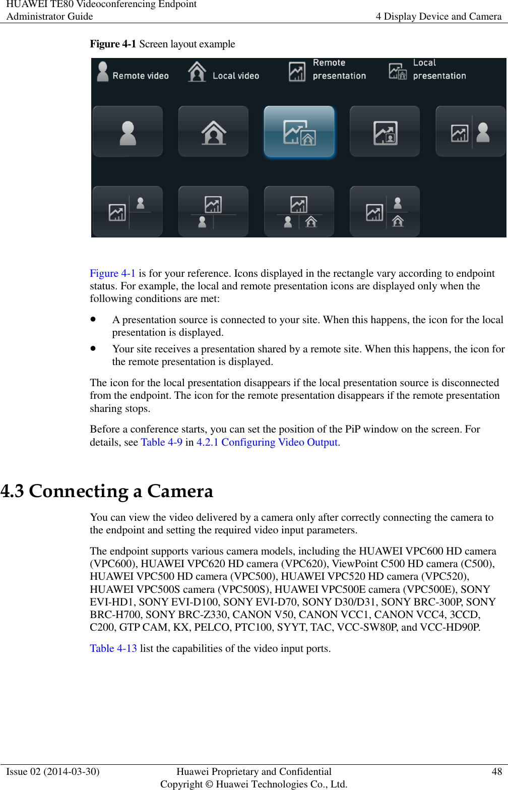 HUAWEI TE80 Videoconferencing Endpoint Administrator Guide 4 Display Device and Camera  Issue 02 (2014-03-30) Huawei Proprietary and Confidential Copyright © Huawei Technologies Co., Ltd. 48  Figure 4-1 Screen layout example   Figure 4-1 is for your reference. Icons displayed in the rectangle vary according to endpoint status. For example, the local and remote presentation icons are displayed only when the following conditions are met:  A presentation source is connected to your site. When this happens, the icon for the local presentation is displayed.  Your site receives a presentation shared by a remote site. When this happens, the icon for the remote presentation is displayed. The icon for the local presentation disappears if the local presentation source is disconnected from the endpoint. The icon for the remote presentation disappears if the remote presentation sharing stops. Before a conference starts, you can set the position of the PiP window on the screen. For details, see Table 4-9 in 4.2.1 Configuring Video Output. 4.3 Connecting a Camera You can view the video delivered by a camera only after correctly connecting the camera to the endpoint and setting the required video input parameters. The endpoint supports various camera models, including the HUAWEI VPC600 HD camera (VPC600), HUAWEI VPC620 HD camera (VPC620), ViewPoint C500 HD camera (C500), HUAWEI VPC500 HD camera (VPC500), HUAWEI VPC520 HD camera (VPC520), HUAWEI VPC500S camera (VPC500S), HUAWEI VPC500E camera (VPC500E), SONY EVI-HD1, SONY EVI-D100, SONY EVI-D70, SONY D30/D31, SONY BRC-300P, SONY BRC-H700, SONY BRC-Z330, CANON V50, CANON VCC1, CANON VCC4, 3CCD, C200, GTP CAM, KX, PELCO, PTC100, SYYT, TAC, VCC-SW80P, and VCC-HD90P.   Table 4-13 list the capabilities of the video input ports. 