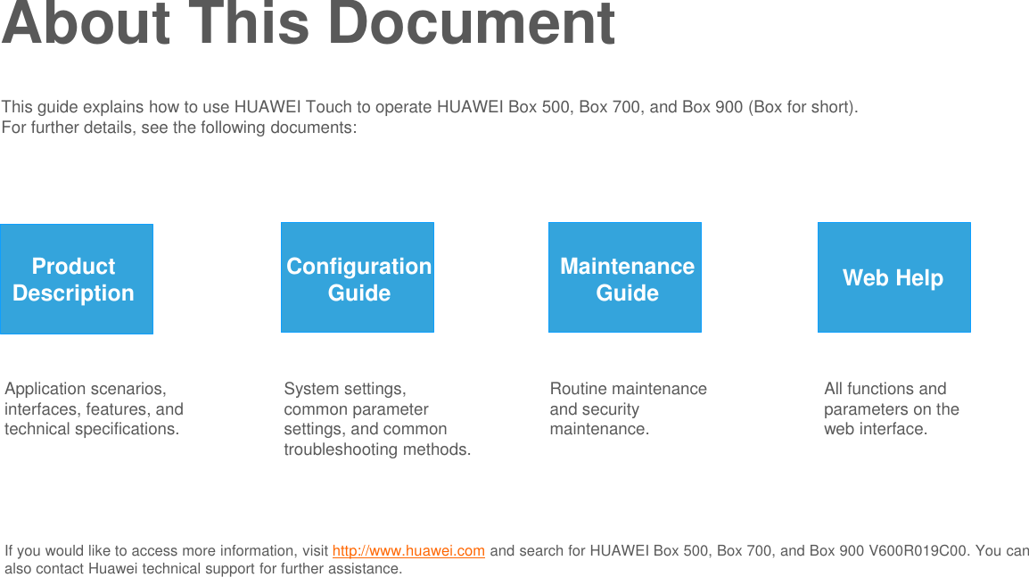This guide explains how to use HUAWEI Touch to operate HUAWEI Box 500, Box 700, and Box 900 (Box for short).For further details, see the following documents:About This DocumentApplication scenarios, interfaces, features, and technical specifications.System settings, common parameter settings, and common troubleshooting methods.Routine maintenance and security maintenance.All functions and parameters on the web interface.Product Description Configuration Guide Maintenance Guide Web HelpIf you would like to access more information, visit http://www.huawei.com and search for HUAWEI Box 500, Box 700, and Box 900 V600R019C00. You can also contact Huawei technical support for further assistance.