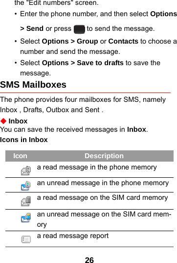 264the &quot;Edit numbers&quot; screen.• Enter the phone number, and then select Options &gt; Send or press   to send the message.•Select Options &gt; Group or Contacts to choose a number and send the message.•Select Options &gt; Save to drafts to save the message.SMS MailboxesThe phone provides four mailboxes for SMS, namely  Inbox , Drafts, Outbox and Sent .InboxYou can save the received messages in Inbox.Icons in InboxIcon Descriptiona read message in the phone memoryan unread message in the phone memorya read message on the SIM card memoryan unread message on the SIM card mem-orya read message report