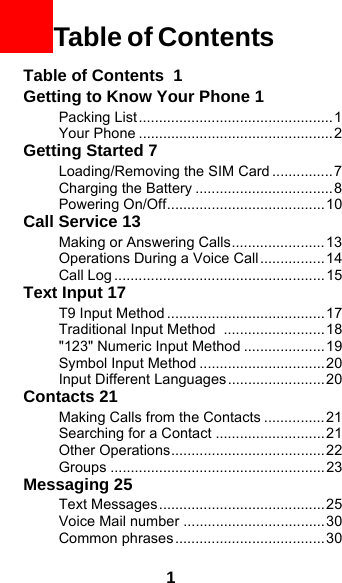 1Table of Contents  1Getting to Know Your Phone 1Packing List ................................................1Your Phone ................................................2Getting Started 7Loading/Removing the SIM Card ...............7Charging the Battery ..................................8Powering On/Off.......................................10Call Service 13Making or Answering Calls.......................13Operations During a Voice Call................ 14Call Log ....................................................15Text Input 17T9 Input Method ....................................... 17Traditional Input Method  .........................18&quot;123&quot; Numeric Input Method ....................19Symbol Input Method ...............................20Input Different Languages........................20Contacts 21Making Calls from the Contacts ...............21Searching for a Contact ........................... 21Other Operations......................................22Groups .....................................................23Messaging 25Text Messages.........................................25Voice Mail number ...................................30Common phrases.....................................30Table of Contents 