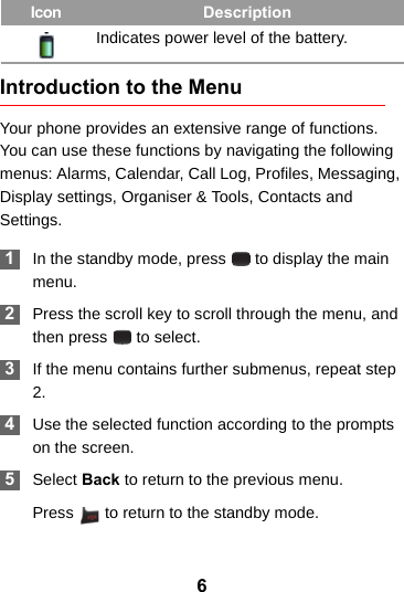 6Introduction to the MenuYour phone provides an extensive range of functions. You can use these functions by navigating the following menus: Alarms, Calendar, Call Log, Profiles, Messaging, Display settings, Organiser &amp; Tools, Contacts and Settings. 1In the standby mode, press   to display the main menu. 2Press the scroll key to scroll through the menu, and then press   to select. 3If the menu contains further submenus, repeat step 2. 4Use the selected function according to the prompts on the screen. 5Select Back to return to the previous menu.Press   to return to the standby mode.Indicates power level of the battery.Icon Description