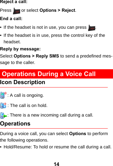 14Reject a call:Press   or select Options &gt; Reject.End a call:• If the headset is not in use, you can press  .• If the headset is in use, press the control key of the headset.Reply by message:Select Options &gt; Reply SMS to send a predefined mes-sage to the caller. Operations During a Voice CallIcon Description: A call is ongoing.: The call is on hold.: There is a new incoming call during a call.OperationsDuring a voice call, you can select Options to perform the following operations.• Hold/Resume: To hold or resume the call during a call.