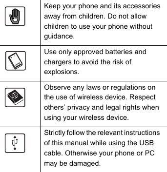Keep your phone and its accessories away from children. Do not allow children to use your phone without guidance.Use only approved batteries and chargers to avoid the risk of explosions.Observe any laws or regulations on the use of wireless device. Respect others’ privacy and legal rights when using your wireless device.Strictly follow the relevant instructions  of this manual while using the USB cable. Otherwise your phone or PC may be damaged.