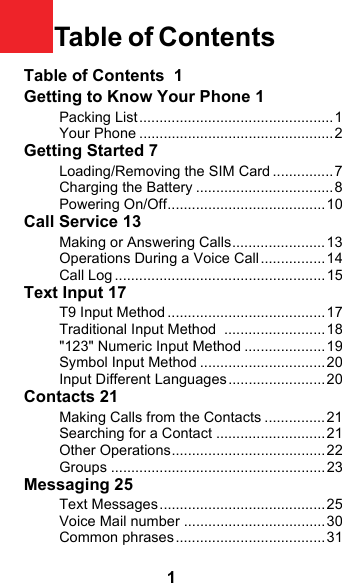 1Table of Contents  1Getting to Know Your Phone 1Packing List ................................................1Your Phone ................................................2Getting Started 7Loading/Removing the SIM Card ...............7Charging the Battery ..................................8Powering On/Off.......................................10Call Service 13Making or Answering Calls.......................13Operations During a Voice Call................14Call Log ....................................................15Text Input 17T9 Input Method ....................................... 17Traditional Input Method  .........................18&quot;123&quot; Numeric Input Method ....................19Symbol Input Method ...............................20Input Different Languages........................20Contacts 21Making Calls from the Contacts ...............21Searching for a Contact ........................... 21Other Operations......................................22Groups .....................................................23Messaging 25Text Messages.........................................25Voice Mail number ...................................30Common phrases.....................................31Table of Contents 