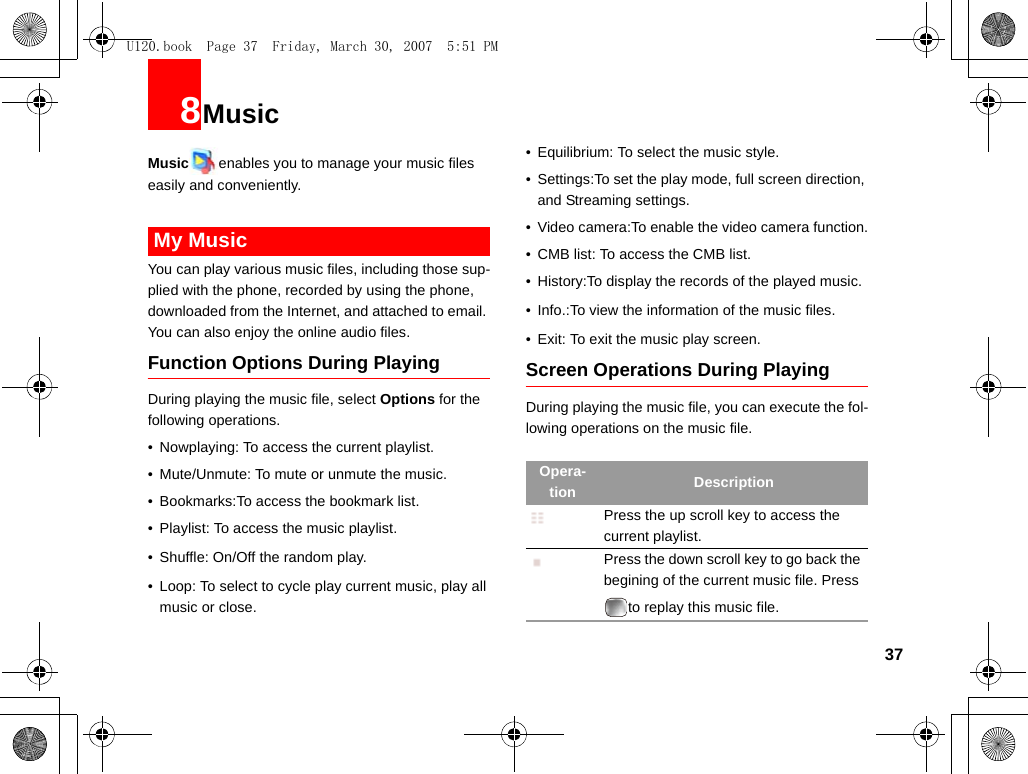 378MusicMusic enables you to manage your music files easily and conveniently. My MusicYou can play various music files, including those sup-plied with the phone, recorded by using the phone, downloaded from the Internet, and attached to email. You can also enjoy the online audio files.Function Options During PlayingDuring playing the music file, select Options for the following operations.• Nowplaying: To access the current playlist.• Mute/Unmute: To mute or unmute the music.• Bookmarks:To access the bookmark list.• Playlist: To access the music playlist.• Shuffle: On/Off the random play.• Loop: To select to cycle play current music, play all music or close.• Equilibrium: To select the music style.• Settings:To set the play mode, full screen direction, and Streaming settings.• Video camera:To enable the video camera function.• CMB list: To access the CMB list.• History:To display the records of the played music.• Info.:To view the information of the music files.• Exit: To exit the music play screen.Screen Operations During PlayingDuring playing the music file, you can execute the fol-lowing operations on the music file.Opera-tion DescriptionPress the up scroll key to access the current playlist.Press the down scroll key to go back the begining of the current music file. Press to replay this music file.U120.book  Page 37  Friday, March 30, 2007  5:51 PM