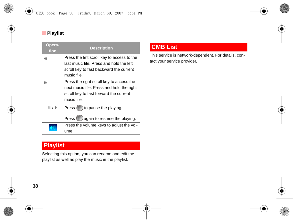 Playlist38 PlaylistSelecting this option, you can rename and edit the playlist as well as play the music in the playlist. CMB ListThis service is network-dependent. For details, con-tact your service provider. Press the left scroll key to access to the last music file. Press and hold the left scroll key to fast backward the current music file.Press the right scroll key to access the next music file. Press and hold the right scroll key to fast forward the current music file./Press   to pause the playing. Press   again to resume the playing.           Press the volume keys to adjust the vol-ume.Opera-tion DescriptionU120.book  Page 38  Friday, March 30, 2007  5:51 PM