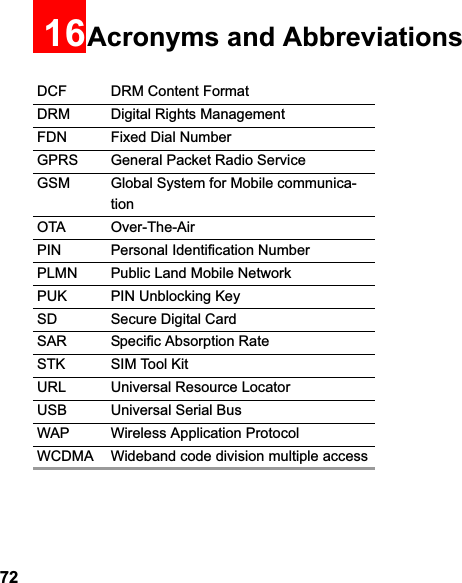 7216Acronyms and AbbreviationsDCF DRM Content FormatDRM Digital Rights ManagementFDN Fixed Dial NumberGPRS General Packet Radio ServiceGSM Global System for Mobile communica-tionOTA Over-The-AirPIN Personal Identification NumberPLMN Public Land Mobile NetworkPUK PIN Unblocking KeySD Secure Digital CardSAR Specific Absorption RateSTK SIM Tool KitURL Universal Resource LocatorUSB Universal Serial BusWAP Wireless Application ProtocolWCDMA Wideband code division multiple access