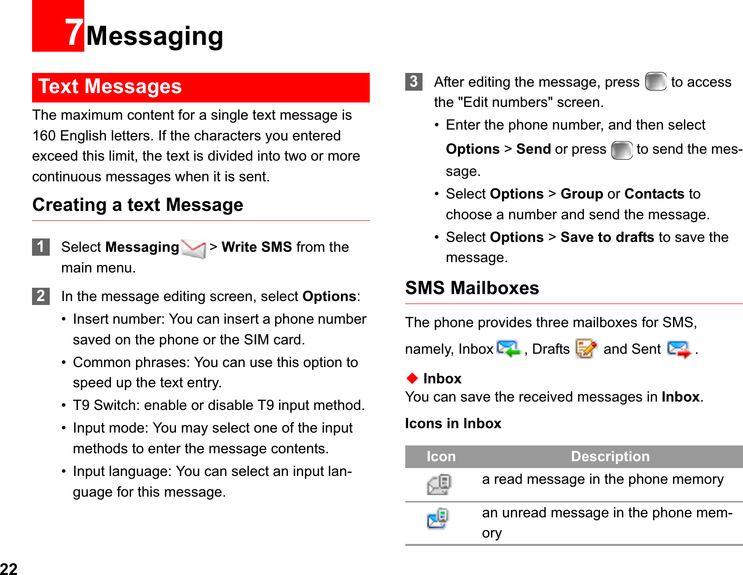 227MessagingText MessagesThe maximum content for a single text message is 160 English letters. If the characters you entered exceed this limit, the text is divided into two or more continuous messages when it is sent.Creating a text Message1Select Messaging &gt;Write SMS from the main menu.2In the message editing screen, select Options:• Insert number: You can insert a phone number saved on the phone or the SIM card.• Common phrases: You can use this option to speed up the text entry.• T9 Switch: enable or disable T9 input method.• Input mode: You may select one of the input methods to enter the message contents.• Input language: You can select an input lan-guage for this message.3After editing the message, press   to access the &quot;Edit numbers&quot; screen.• Enter the phone number, and then select Options &gt; Send or press   to send the mes-sage.• Select Options &gt; Group or Contacts to choose a number and send the message.• Select Options &gt; Save to drafts to save the message.SMS MailboxesThe phone provides three mailboxes for SMS, namely, Inbox , Drafts   and Sent  .ƹInboxYou can save the received messages in Inbox.Icons in InboxIcon Descriptiona read message in the phone memoryan unread message in the phone mem-ory
