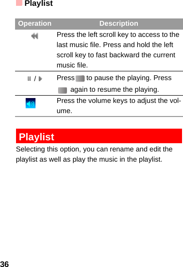 Playlist36 PlaylistSelecting this option, you can rename and edit the playlist as well as play the music in the playlist.Press the left scroll key to access to the last music file. Press and hold the left scroll key to fast backward the current music file./Press to pause the playing. Press  again to resume the playing.      Press the volume keys to adjust the vol-ume.Operation Description