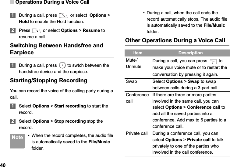 Operations During a Voice Call401During a call, press   or select  Options &gt; Hold to enable the Hold function.2Press   or select Options &gt; Resume to resume a call.Switching Between Handsfree and Earpiece1During a call, press   to swtch between the handsfree device and the earpiece.Starting/Stopping RecordingYou can record the voice of the calling party during a call.1Select Options &gt; Start recording to start the record.2Select Options &gt; Stop recording stop the record. Note • When the record completes, the audio file is automatically saved to the File/Musicfolder.• During a call, when the call ends the record automatically stops. The audio file is automatically saved to the File/Musicfolder.Other Operations During a Voice CallItem DescriptionMuteUnmuteDuring a call, you can press   to make your voice mute or to restart the conversation by pressing it againSwap Select Options &gt; Swap to swap between calls during a 3-part call.ConferencecallIf there are three or more parites involved in the same call, you can select Options &gt; Conference call to add all the saved parties into a conference. Add max to 6 parties to a conference call.Private call During a conference call, you can select Options &gt; Private call to talk privately to one of the parties who involved in the call conference.