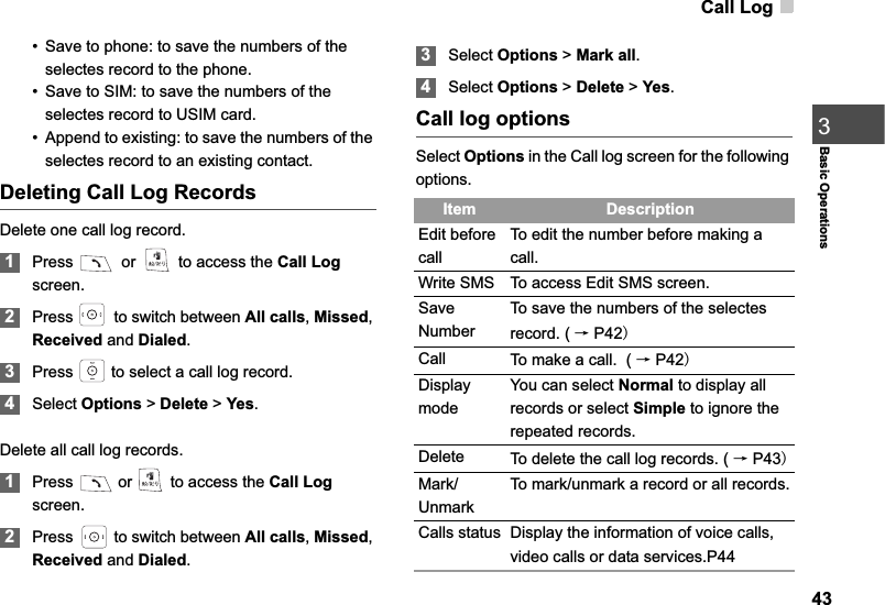 Call Log43Basic Operations3• Save to phone: to save the numbers of the selectes record to the phone.• Save to SIM: to save the numbers of the selectes record to USIM card.• Append to existing: to save the numbers of the selectes record to an existing contact.Deleting Call Log RecordsDelete one call log record.1Press   or   to access the Call Logscreen.2Press   to switch between All calls,Missed,Received and Dialed.3Press   to select a call log record. 4Select Options &gt; Delete &gt; Yes.Delete all call log records.1Press   or   to access the Call Logscreen.2Press   to switch between All calls,Missed,Received and Dialed.3Select Options &gt; Mark all.4Select Options &gt; Delete &gt; Yes.Call log optionsSelect Options in the Call log screen for the following options.Item DescriptionEdit before callTo edit the number before making a call.Write SMS To access Edit SMS screen. SaveNumberTo save the numbers of the selectes record. ( ėP42Call To make a call.  ( ėP42DisplaymodeYou can select Normal to display all records or select Simple to ignore the repeated records.Delete To delete the call log records. ( ėP43Mark/UnmarkTo mark/unmark a record or all records.Calls status Display the information of voice calls, video calls or data services.P44