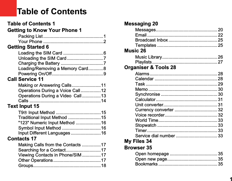 1Table of Contents 1Getting to Know Your Phone 1Packing List ................................................1Your Phone ................................................2Getting Started 6Loading the SIM Card ................................6Unloading the SIM Card .............................7Charging the Battery ..................................7Loading/Removing a Memory Card............8Powering On/Off.........................................9Call Service 11Making or Answering Calls.......................11Operations During a Voice Call ................12Operations During a VideoCall ...............13Calls .........................................................14Text Input 15T9£ Input Method ....................................15Traditional Input Method ..........................15&quot;123&quot; Numeric Input Method ....................16Symbol Input Method ...............................16Input Different Languages........................16Contacts 17Making Calls from the Contacts ...............17Searching for a Contact............................17Viewing Contacts in Phone/SIM ...............17Other Operations......................................17Groups......................................................18Messaging 20Messages................................................. 20Email ........................................................ 22Broadcast Inbox ....................................... 25Templates ................................................ 25Music 26Music Library............................................ 26Playlists .................................................... 27Organiser &amp; Tools 28Alarms...................................................... 28Calendar .................................................. 28Task ......................................................... 29Memo ....................................................... 30Synchronise ............................................. 30Calculator ................................................. 31Unit converter........................................... 31Currency converter .................................. 32Voice recorder.......................................... 32World Time............................................... 33Stopwatch ................................................ 33Timer........................................................ 33Service dial number ................................. 33My Files 34Browser 35Open homepage ...................................... 35Open new page........................................ 35Bookmarks ............................................... 351Table of Contents