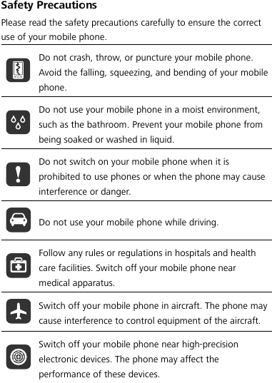  Safety Precautions Please read the safety precautions carefully to ensure the correct use of your mobile phone.  Do not crash, throw, or puncture your mobile phone. Avoid the falling, squeezing, and bending of your mobile phone.  Do not use your mobile phone in a moist environment, such as the bathroom. Prevent your mobile phone from being soaked or washed in liquid.  Do not switch on your mobile phone when it is prohibited to use phones or when the phone may cause interference or danger.  Do not use your mobile phone while driving.  Follow any rules or regulations in hospitals and health care facilities. Switch off your mobile phone near medical apparatus.  Switch off your mobile phone in aircraft. The phone may cause interference to control equipment of the aircraft.  Switch off your mobile phone near high-precision electronic devices. The phone may affect the performance of these devices. 