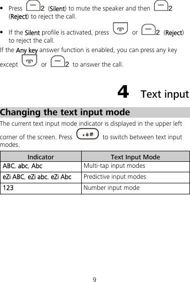 9  Press   (Silent) to mute the speaker and then   (Reject) to reject the call.  If the Silent profile is activated, press   or   (Reject) to reject the call. If the Any key answer function is enabled, you can press any key except   or    to answer the call. 4  Text input Changing the text input mode The current text input mode indicator is displayed in the upper left corner of the screen. Press    to switch between text input modes. Indicator  Text Input Mode ABC, abc, Abc  Multi-tap input modes eZi ABC, eZi abc, eZi Abc  Predictive input modes 123  Number input mode  
