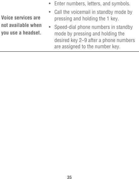 35Voice services are not available when you use a headset.• Enter numbers, letters, and symbols.• Call the voicemail in standby mode by pressing and holding the 1 key.• Speed-dial phone numbers in standby mode by pressing and holding the desired key 2–9 after a phone numbers are assigned to the number key.