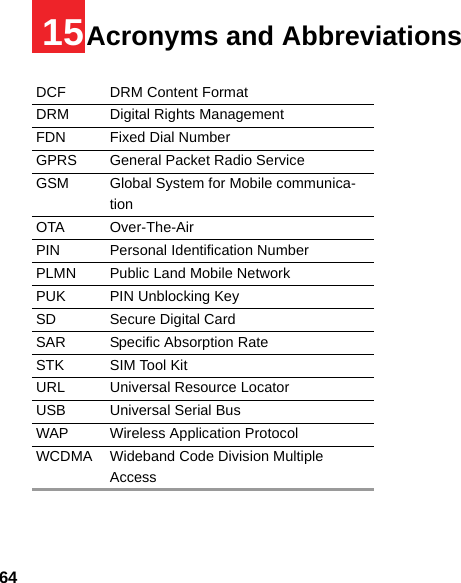 6415Acronyms and AbbreviationsDCF DRM Content FormatDRM Digital Rights ManagementFDN Fixed Dial NumberGPRS General Packet Radio ServiceGSM Global System for Mobile communica-tionOTA Over-The-AirPIN Personal Identification NumberPLMN Public Land Mobile NetworkPUK PIN Unblocking KeySD Secure Digital CardSAR Specific Absorption RateSTK SIM Tool KitURL Universal Resource LocatorUSB Universal Serial BusWAP Wireless Application ProtocolWCDMA Wideband Code Division Multiple Access