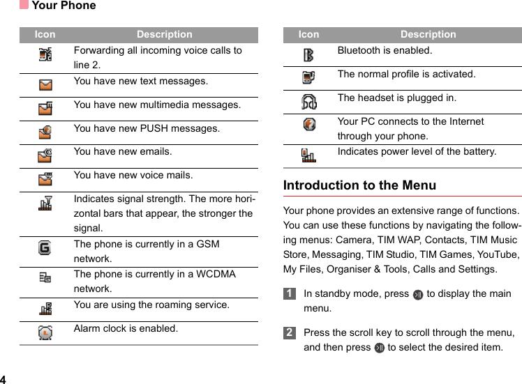 Your Phone4Introduction to the MenuYour phone provides an extensive range of functions. You can use these functions by navigating the follow-ing menus: Camera, TIM WAP, Contacts, TIM Music Store, Messaging, TIM Studio, TIM Games, YouTube, My Files, Organiser &amp; Tools, Calls and Settings. 1In standby mode, press   to display the main menu. 2Press the scroll key to scroll through the menu, and then press   to select the desired item.Forwarding all incoming voice calls to line 2.You have new text messages.You have new multimedia messages.You have new PUSH messages.You have new emails.You have new voice mails.Indicates signal strength. The more hori-zontal bars that appear, the stronger the signal.The phone is currently in a GSM network.The phone is currently in a WCDMA network.You are using the roaming service.Alarm clock is enabled.Icon DescriptionBluetooth is enabled.The normal profile is activated.The headset is plugged in.Your PC connects to the Internet through your phone.Indicates power level of the battery.Icon Description