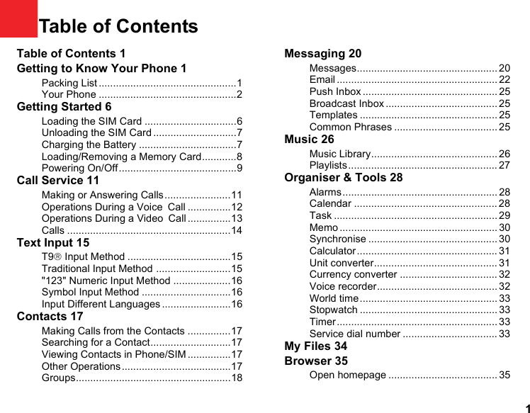 11Table of ContentsTable of Contents 1Getting to Know Your Phone 1Packing List ................................................1Your Phone ................................................2Getting Started 6Loading the SIM Card ................................6Unloading the SIM Card .............................7Charging the Battery ..................................7Loading/Removing a Memory Card............8Powering On/Off.........................................9Call Service 11Making or Answering Calls.......................11Operations During a Voice Call ...............12Operations During a Video Call ...............13Calls .........................................................14Text Input 15T9® Input Method ....................................15Traditional Input Method ..........................15&quot;123&quot; Numeric Input Method ....................16Symbol Input Method ...............................16Input Different Languages ........................16Contacts 17Making Calls from the Contacts ...............17Searching for a Contact............................17Viewing Contacts in Phone/SIM ...............17Other Operations......................................17Groups......................................................18Messaging 20Messages................................................. 20Email ........................................................ 22Push Inbox ............................................... 25Broadcast Inbox ....................................... 25Templates ................................................ 25Common Phrases .................................... 25Music 26Music Library............................................ 26Playlists .................................................... 27Organiser &amp; Tools 28Alarms ...................................................... 28Calendar .................................................. 28Task ......................................................... 29Memo ....................................................... 30Synchronise ............................................. 30Calculator ................................................. 31Unit converter........................................... 31Currency converter .................................. 32Voice recorder.......................................... 32World time................................................ 33Stopwatch ................................................ 33Timer........................................................ 33Service dial number ................................. 33My Files 34Browser 35Open homepage ...................................... 35