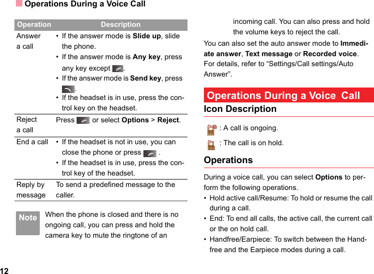Operations During a Voice Call12 Note When the phone is closed and there is no ongoing call, you can press and hold the camera key to mute the ringtone of an incoming call. You can also press and hold the volume keys to reject the call.You can also set the auto answer mode to Immedi-ate answer, Text message or Recorded voice.For details, refer to “Settings/Call settings/Auto Answer”.  Operations During a Voice CallIcon Description: A call is ongoing.: The call is on hold.OperationsDuring a voice call, you can select Options to per-form the following operations.• Hold active call/Resume: To hold or resume the call during a call.• End: To end all calls, the active call, the current call or the on hold call.• Handfree/Earpiece: To switch between the Hand-free and the Earpiece modes during a call.Operation DescriptionAnswera call• If the answer mode is Slide up, slide the phone.• If the answer mode is Any key, press any key except  .• If the answer mode is Send key, press  .• If the headset is in use, press the con-trol key on the headset.Rejecta callPress   or select Options &gt; Reject.End a call • If the headset is not in use, you can close the phone or press  .• If the headset is in use, press the con-trol key of the headset.Reply by messageTo send a predefined message to the caller.