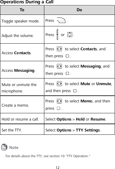 12 Operations During a Call To  Do Toggle speaker mode.  Press  . Adjust the volume.  Press   or  . Access Contacts. Press    to select Contacts, and then press  . Access Messaging. Press    to select Messaging, and then press  . Mute or unmute the microphone. Press   to select Mute or Unmute, and then press  . Create a memo. Press    to select Memo, and then press  . Hold or resume a call.  Select Options &gt; Hold or Resume. Set the TTY.  Select Options &gt; TTY Settings.   For details about the TTY, see section 10 &quot;TTY Operation.&quot; 