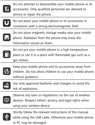   Do not attempt to disassemble your mobile phone or its accessories. Only qualified personnel are allowed to service or repair the phone.  Do not place your mobile phone or its accessories in containers with a strong electromagnetic field.  Do not place magnetic storage media near your mobile phone. Radiation from the phone may erase the information stored on them.  Do not put your mobile phone in a high-temperature place or use it in a place with flammable gas such as a gas station.  Keep your mobile phone and its accessories away from children. Do not allow children to use your mobile phone without guidance.  Use only approved batteries and chargers to avoid the risk of explosions.  Observe any laws or regulations on the use of wireless devices. Respect others&apos; privacy and legal rights when using your wireless device.  Strictly follow the relevant instructions of this manual while using the USB cable. Otherwise your mobile phone or PC may be damaged. 