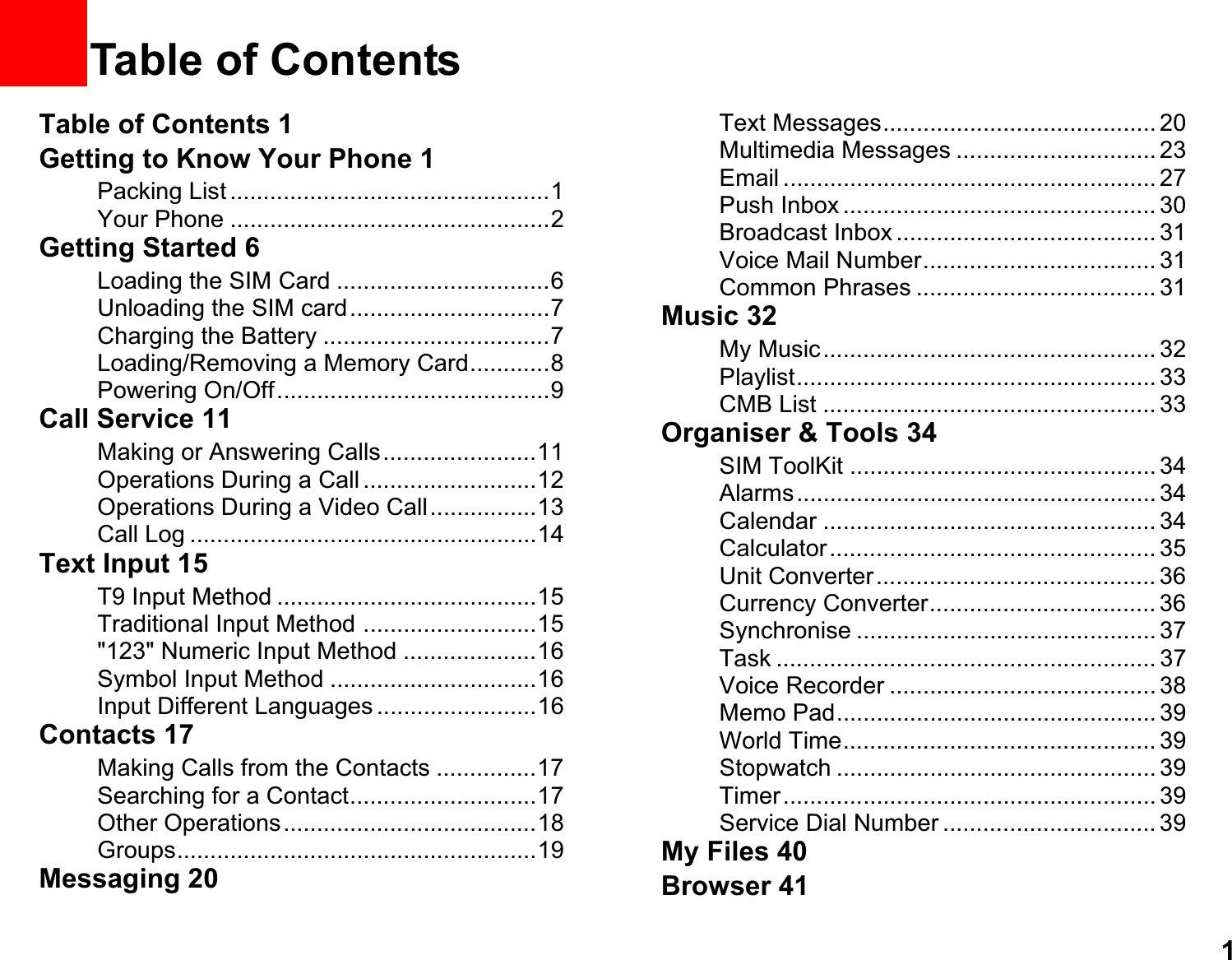 11Table of ContentsTable of Contents 1Getting to Know Your Phone 1Packing List ................................................1Your Phone ................................................2Getting Started 6Loading the SIM Card ................................6Unloading the SIM card..............................7Charging the Battery ..................................7Loading/Removing a Memory Card............8Powering On/Off.........................................9Call Service 11Making or Answering Calls.......................11Operations During a Call ..........................12Operations During a Video Call................13Call Log ....................................................14Text Input 15T9 Input Method .......................................15Traditional Input Method ..........................15&quot;123&quot; Numeric Input Method ....................16Symbol Input Method ...............................16Input Different Languages ........................16Contacts 17Making Calls from the Contacts ...............17Searching for a Contact............................17Other Operations......................................18Groups......................................................19Messaging 20Text Messages......................................... 20Multimedia Messages .............................. 23Email ........................................................ 27Push Inbox ............................................... 30Broadcast Inbox ....................................... 31Voice Mail Number................................... 31Common Phrases .................................... 31Music 32My Music.................................................. 32Playlist...................................................... 33CMB List .................................................. 33Organiser &amp; Tools 34SIM ToolKit .............................................. 34Alarms...................................................... 34Calendar .................................................. 34Calculator................................................. 35Unit Converter.......................................... 36Currency Converter.................................. 36Synchronise ............................................. 37Task ......................................................... 37Voice Recorder ........................................ 38Memo Pad................................................ 39World Time............................................... 39Stopwatch ................................................ 39Timer........................................................ 39Service Dial Number ................................ 39My Files 40Browser 41