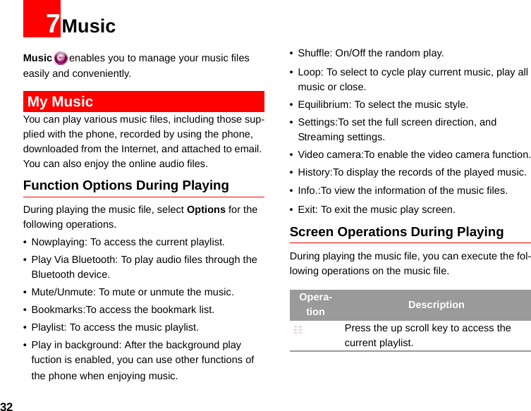 327MusicMusic enables you to manage your music files easily and conveniently. My MusicYou can play various music files, including those sup-plied with the phone, recorded by using the phone, downloaded from the Internet, and attached to email. You can also enjoy the online audio files.Function Options During PlayingDuring playing the music file, select Options for the following operations.• Nowplaying: To access the current playlist.• Play Via Bluetooth: To play audio files through the Bluetooth device.• Mute/Unmute: To mute or unmute the music.• Bookmarks:To access the bookmark list.• Playlist: To access the music playlist.• Play in background: After the background play fuction is enabled, you can use other functions of the phone when enjoying music. • Shuffle: On/Off the random play.• Loop: To select to cycle play current music, play all music or close.• Equilibrium: To select the music style.• Settings:To set the full screen direction, and Streaming settings.• Video camera:To enable the video camera function.• History:To display the records of the played music.• Info.:To view the information of the music files.• Exit: To exit the music play screen.Screen Operations During PlayingDuring playing the music file, you can execute the fol-lowing operations on the music file.Opera-tion DescriptionPress the up scroll key to access the current playlist.