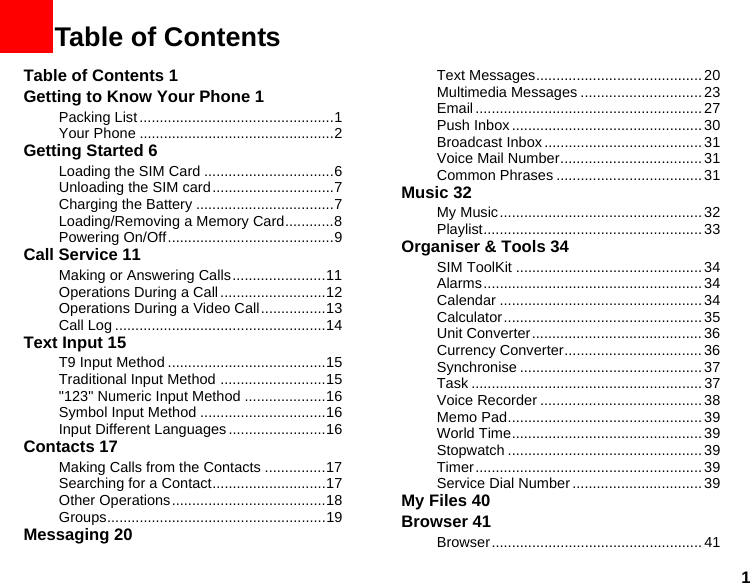 11Table of ContentsTable of Contents 1Getting to Know Your Phone 1Packing List ................................................1Your Phone ................................................2Getting Started 6Loading the SIM Card ................................6Unloading the SIM card..............................7Charging the Battery ..................................7Loading/Removing a Memory Card............8Powering On/Off.........................................9Call Service 11Making or Answering Calls.......................11Operations During a Call ..........................12Operations During a Video Call................13Call Log ....................................................14Text Input 15T9 Input Method .......................................15Traditional Input Method ..........................15&quot;123&quot; Numeric Input Method ....................16Symbol Input Method ...............................16Input Different Languages........................16Contacts 17Making Calls from the Contacts ...............17Searching for a Contact............................17Other Operations......................................18Groups......................................................19Messaging 20Text Messages......................................... 20Multimedia Messages .............................. 23Email ........................................................ 27Push Inbox ...............................................30Broadcast Inbox.......................................31Voice Mail Number................................... 31Common Phrases .................................... 31Music 32My Music.................................................. 32Playlist...................................................... 33Organiser &amp; Tools 34SIM ToolKit .............................................. 34Alarms...................................................... 34Calendar ..................................................34Calculator................................................. 35Unit Converter.......................................... 36Currency Converter..................................36Synchronise ............................................. 37Task ......................................................... 37Voice Recorder ........................................ 38Memo Pad................................................ 39World Time...............................................39Stopwatch ................................................39Timer........................................................ 39Service Dial Number ................................ 39My Files 40Browser 41Browser....................................................41