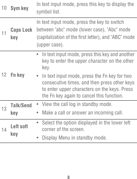 810 Sym key In text input mode, press this key to display the symbol list.11 Caps Lock keyIn text input mode, press the key to switch between &quot;abc&quot; mode (lower case), &quot;Abc&quot; mode (capitalization of the first letter), and &quot;ABC&quot; mode (upper case).12 Fn key• In text input mode, press this key and another key to enter the upper character on the other key.• In text input mode, press the Fn key for two consecutive times, and then press other keys to enter upper characters on the keys. Press the Fn key again to cancel this function.13 Talk/Send key• View the call log in standby mode.• Make a call or answer an incoming call.14 Left soft key• Select the option displayed in the lower left corner of the screen.• Display Menu in standby mode.
