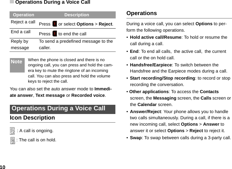 Operations During a Voice Call10Note When the phone is closed and there is no ongoing call, you can press and hold the cam-era key to mute the ringtone of an incoming call. You can also press and hold the volume keys to reject the call.You can also set the auto answer mode to Immedi-ate answer, Text message or Recorded voice.  Operations During a Voice CallIcon Description: A call is ongoing.: The call is on hold.OperationsDuring a voice call, you can select Options to per-form the following operations.•Hold active call/Resume: To hold or resume the call during a call.•End: To end all calls, the active call, the current call or the on hold call.•Handsfree/Earpiece: To switch between the Handsfree and the Earpiece modes during a call.•Start recording/Stop recording: to record or stop recording the conversation.• Other applications: To access the Contacts screen, the Messaging screen, the Calls screen or the Calendar screen.•Answer/Reject: Your phone allows you to handle two calls simultaneously. During a call, if there is a new incoming call, select Options &gt; Answer to answer it or select Options &gt; Reject to reject it.•Swap: To swap between calls during a 3-party call.Reject a call Press   or select Options &gt; Reject.End a call Press   to end the callReply by messageTo send a predefined message to the caller.Operation Description