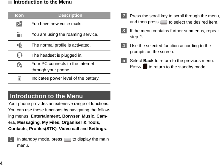 Introduction to the Menu4 Introduction to the MenuYour phone provides an extensive range of functions. You can use these functions by navigating the follow-ing menus: Entertainment, Borwser, Music, Cam-era, Messaging, My Files, Organiser &amp; Tools, Contacts, Profiles(STK), Video call and Settings. 1In standby mode, press   to display the main menu. 2Press the scroll key to scroll through the menu, and then press   to select the desired item. 3If the menu contains further submenus, repeat step 2. 4Use the selected function according to the prompts on the screen. 5Select Back to return to the previous menu. Press   to return to the standby mode.You have new voice mails.You are using the roaming service.The normal profile is activated.The headset is plugged in.Your PC connects to the Internet through your phone.Indicates power level of the battery.Icon Description