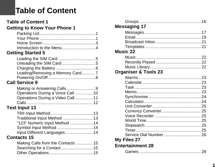 1Table of Content 1Getting to Know Your Phone 1Packing List ................................................1Your Phone ................................................1Home Screen .............................................3Introduction to the Menu.............................4Getting Started 5Loading the SIM Card ................................5Unloading the SIM Card .............................5Charging the Battery ..................................6Loading/Removing a Memory Card........... 7Powering On/Off.........................................8Call Service 9Making or Answering Calls.........................9Operations During a Voice Call ................10Operations During a Video Call................11Calls .........................................................12Text Input 13T9® Input Method.....................................13Traditional Input Method ..........................13&quot;123&quot; Numeric Input Method ....................14Symbol Input Method ...............................14Input Different Languages........................14Contacts 15Making Calls from the Contacts ...............15Searching for a Contact............................15Other Operations......................................15Groups .....................................................16Messaging 17Messages................................................. 17Email ........................................................ 19Broadcast Inbox.......................................21Templates ................................................ 21Music 22Music........................................................22Recently Played....................................... 22Music Library............................................ 22Organiser &amp; Tools 23Alarms...................................................... 23Calendar .................................................. 23Task ......................................................... 23Memo ....................................................... 23Synchronise ............................................. 24Calculator ................................................. 24Unit Converter.......................................... 25Currency Converter..................................25Voice Recorder ........................................ 25World Time............................................... 25Stopwatch ................................................ 25Timer........................................................ 25Service Dial Number ................................26My Files 27Entertainment 28Games ..................................................... 281Table of Content