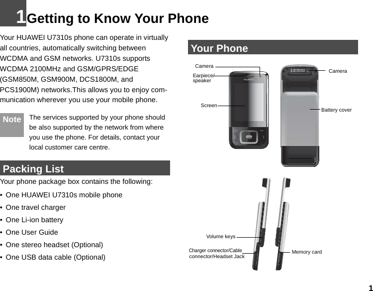 11Getting to Know Your PhoneYour HUAWEI U7310s phone can operate in virtually all countries, automatically switching between  WCDMA and GSM networks. U7310s supports WCDMA 2100MHz and GSM/GPRS/EDGE (GSM850M, GSM900M, DCS1800M, and PCS1900M) networks.This allows you to enjoy com-munication wherever you use your mobile phone. Note The services supported by your phone should be also supported by the network from where you use the phone. For details, contact your local customer care centre.  Packing ListYour phone package box contains the following:• One HUAWEI U7310s mobile phone• One travel charger• One Li-ion battery•One User Guide• One stereo headset (Optional)• One USB data cable (Optional) Your PhoneCameraCameraEarpiece/speakerScreen Battery coverVolume keysCharger connector/Cable connector/Headset Jack Memory card