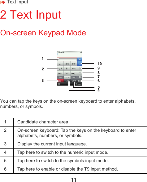 Text Input 112 Text InputOn-screen Keypad ModeYou can tap the keys on the on-screen keyboard to enter alphabets, numbers, or symbols.1 Candidate character area2 On-screen keyboard: Tap the keys on the keyboard to enter alphabets, numbers, or symbols.3 Display the current input language.4 Tap here to switch to the numeric input mode.5 Tap here to switch to the symbols input mode.6 Tap here to enable or disable the T9 input method.12345678910